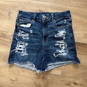American Eagle Curvy Hi-Rise Shortie Distressed Denim Shorts Dark Wash Size 6